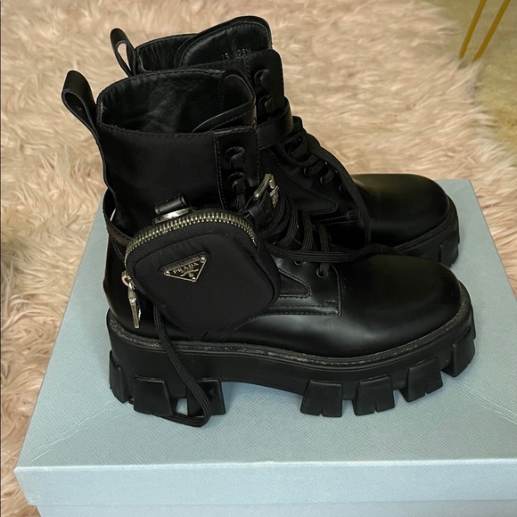 Black Leather Lug-Sole Combat Boots - Picture 2 of 7